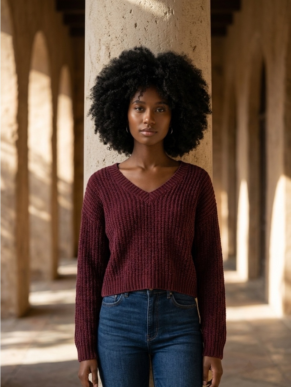 American Eagle Outfitters Ribbed V-Neck Sweater - Wine